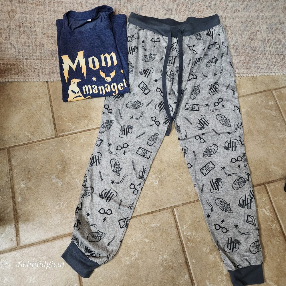 Harry Potter Pajama Set Womens Small Mom Manager of Mischief Navy Grey 2pc PJs